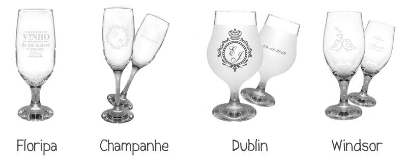 Taça Floripa personalizada, taça champanhe para casamento com brasão, taça Dublin com brasão e taça Windsor personalizada com tema de casamento.